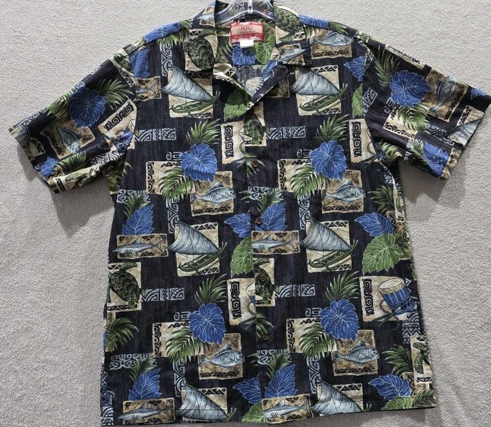 RJC Hawaiian Shirt Men’s Large Sea Turtle Fish Drum Boat AOP Cotton Made In USA
